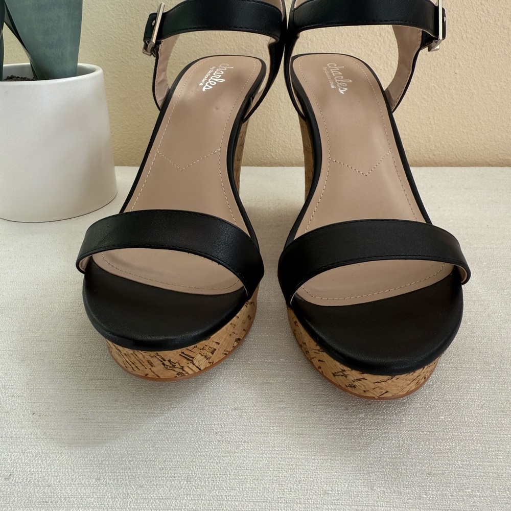 New Charles David Black Leather Cork Wedge Sandals - Picture 3 of 6